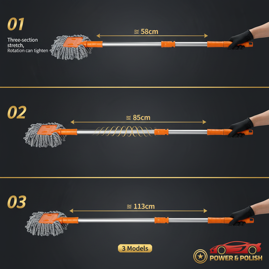 Extendable handle length diagram 58cm to 113cm — Power & Polish