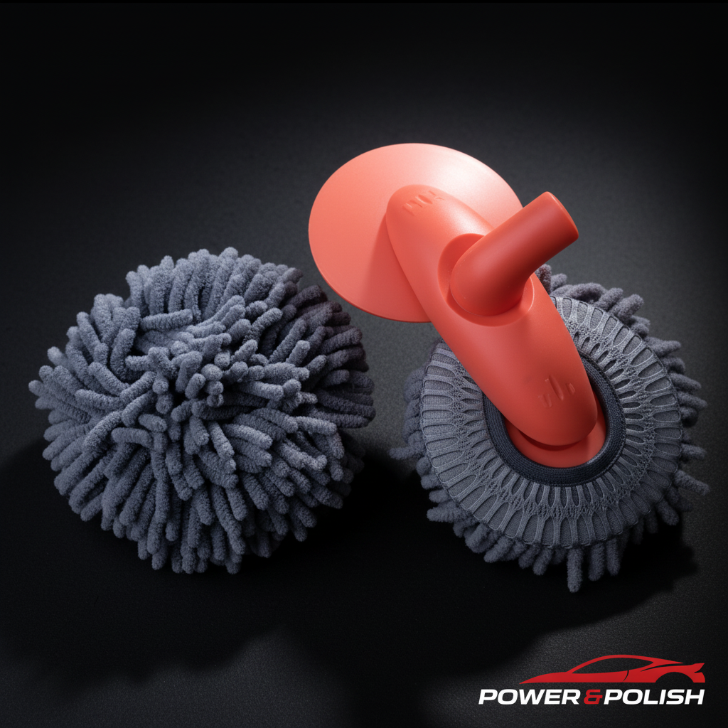 Spare chenille brush heads and orange T-bar connector close-up — Power & Polish