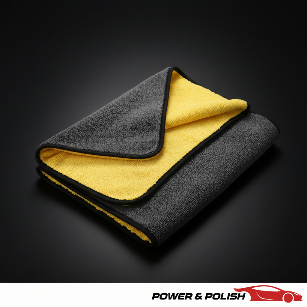 Premium studio shot of dual-sided microfiber drying towel by Power & Polish